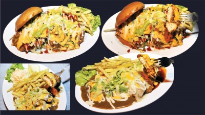 （上左）Hunger Chicken Burger- 虽然只是个汉堡，然而老板却毫不吝啬，直接采用与鸡扒同等大小的鸡肉作为肉馅，再淋上满满的特制黑胡椒酱汁、美乃兹及芝士酱，让人大饱口福！（上右）Salmon Burger- 和鸡肉汉堡一样，鱼肉汉堡采用完整一片的三文鱼，份量绝对让人饱足。（下左）Salmon Black Pepper- 诺大片的三文鱼外层间的香脆，佐以黑胡椒酱及爽脆的蔬菜，赋予多层次口感！（下右）Chicken Chop- 采用鸡胸肉作为鸡扒肉，口感却没有想象中的干涩，反而多汁柔嫩。老板淋上三种特制酱料，即酸甜酱、黑胡椒酱及蘑菇酱。