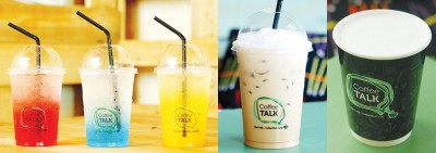 （左起）Soda Ice Mocktail(红-Romeo、蓝-Ocean、橙-Sunshine）- 清新冰凉的无咖啡因饮品，分别为草莓、blue mandarin及橙汁口味。Coffee Talk(Signature Coffee)- 与招牌同名饮料，是该品牌的畅销品之一！Talk Loh(Cappucino)- 忙碌的下午，来杯卡普奇诺提提神吧！