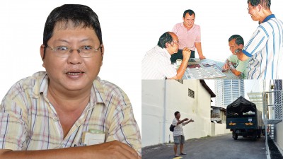 （上）新春满园内简陋的《胜记茶室》,就是鼎鼎大名的棋坛少林寺，全盛时期，下棋的人多，观棋的人亦不少。李家庆（左）站在已成高楼的《胜记茶室》原址（下）说，每次经过，我都会想起在这里的美好时光。