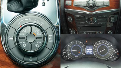 四轮驱动改换模式异常简单。中控台各个按键排列有序。仪表板内的加速和转速表以双环设计。