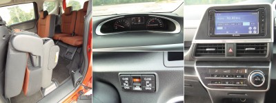 第二排座椅可折上，以方便第三排乘客出入。仪表板右是加速表，左是时速表，中间多了4.2寸的行车资讯屏。在中控台右下方有电动滑门控制键，方便司机开关滑门。中控台正中是6.8 寸DVD AVX触屏，下方是冷气控制触钮，富时代感。