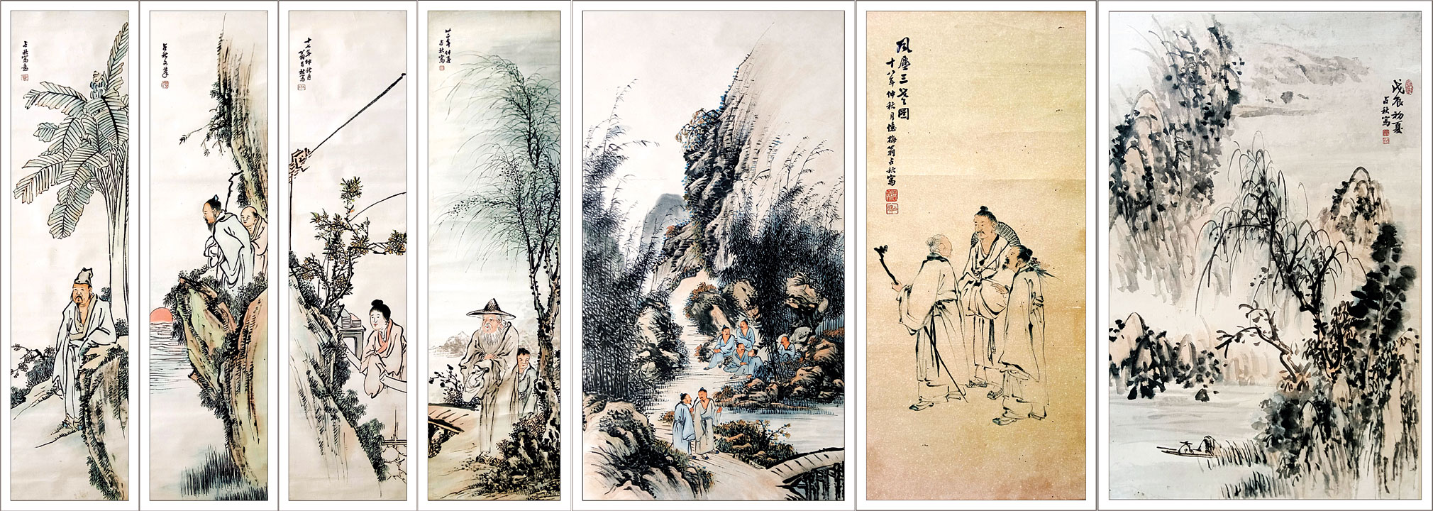 (左四张)春夏秋冬系列, (右三)《竹林七贤》, (右二)《风尘三圣图》, (右)《柳提停棹》