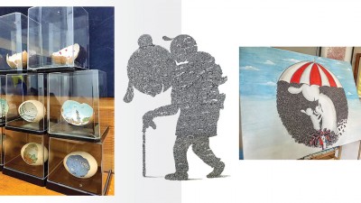 婆婆离世后，维铭才发现，原来“背“爱是幸福的，以前的他却忽略了。（左）火柴人『玩蛋』系列。（右）一幅3尺乘4尺的密集画，需要两三个月时间才能完成。