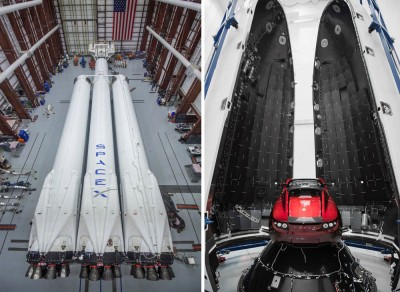 (左)Spacex全新运载火箭“猎鹰重型”。(右)火箭试射时,首次搭载的货物 —— 红色Tesla Roadster跑车。(图源:SpaceX官方)