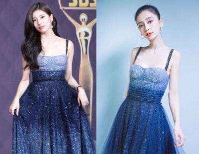 秀智浪漫气质出席颁奖典礼。右图为Baby早在去年9月就曾以同样的晚礼服出席慈善夜。