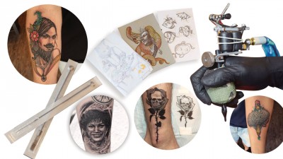 Darren的部分刺青作品和绘画手稿。刺青针头不仅种类繁多，不同的尺寸也不少，最基本的为图中这两款，就像是较小与较大的毛笔，适用于各种不同的绘画需求。