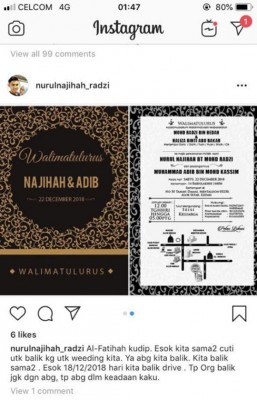 努鲁纳吉哈在社交媒体贴文，叙述原本与未婿夫约好回家准备婚事，还上载婚宴邀请卡。