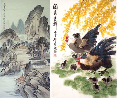邱苑妮所创作的山水画，右为水墨画作《阖家吉祥》。