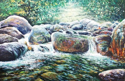布面炳烯画：河溪与山岩互相珍惜。